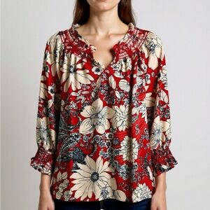 Talbots Women’s Red White Smocked Paisley Top Size Large Peasant Boho